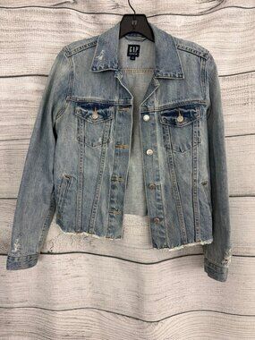 Gap Denim Light Wash Distressed Jean Jacket With Raw Hem Size XS